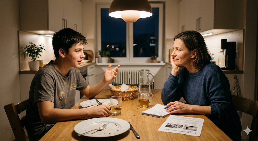 Ein Jugendlicher erzählt seiner Mutter am Abendessenstisch begeistert von seinem Schnuppertag, während sie aufmerksam zuhört – Symbolbild für Berufsorientierung bei ZUKUNFT MEISTERN.