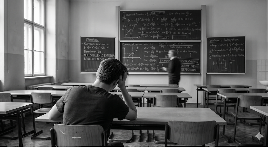 Schwarz-Weiß-Foto eines Schülers, der frustriert den Kopf stützt, während er vor einer mit komplexen mathematischen Formeln beschriebenen Tafel sitzt