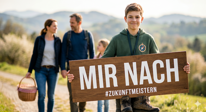 Ein Teenager hält ein Schild mit der Aufschrift „Mir Nach“ und führt seine Familie bei einem Ausflug an – Symbol für Verantwortung und Zukunftskompetenz bei ZUKUNFT MEISTERN.