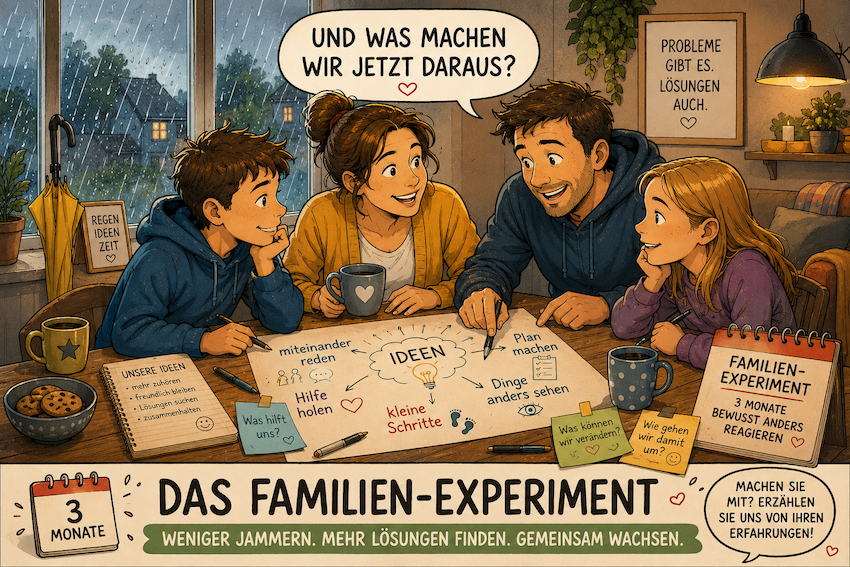 Drei Monate lang bewusster reagieren: weniger jammern, mehr Lösungen suchen – und gemeinsam herausfinden, was das mit Familien macht.