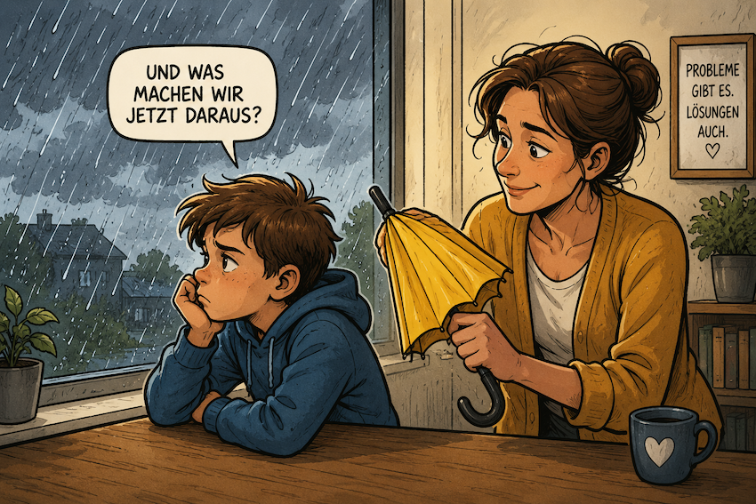 Ein Kind blickt an einem regnerischen Tag frustriert aus dem Fenster, während eine Frau ihm lächelnd einen gelben Regenschirm reicht. Die Comicillustration symbolisiert den Unterschied zwischen Jammern und lösungsorientiertem Denken im Familienalltag.