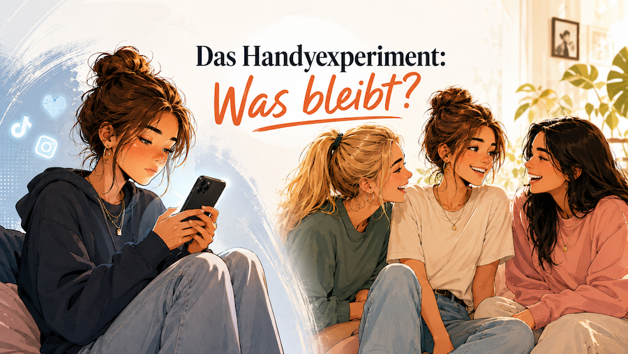Jugendliche zwischen Smartphone-Nutzung und persönlichem Gespräch mit Freundinnen – Illustration zum Handyexperiment.