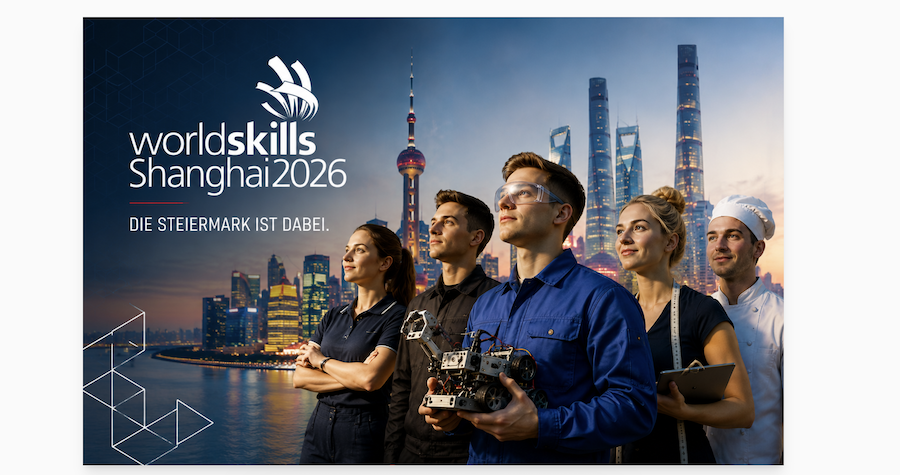 unge Fachkräfte aus der Steiermark vor der Skyline von Shanghai bei den WorldSkills 2026
