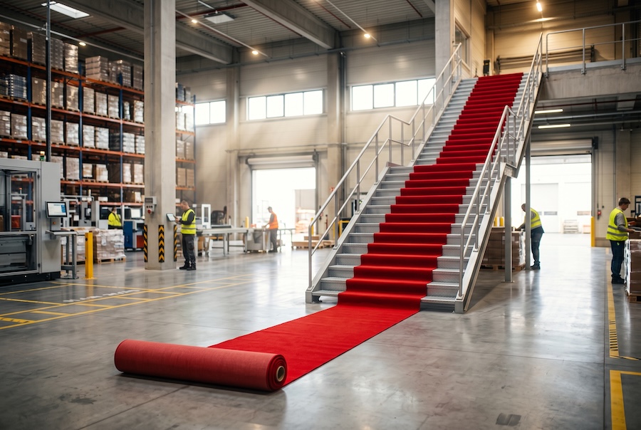Symbolisches Beitragsbild: Ein roter Teppich führt aus der Praxis über Stufen nach oben – Karriere mit Lehre auf zukunftmeistern.at