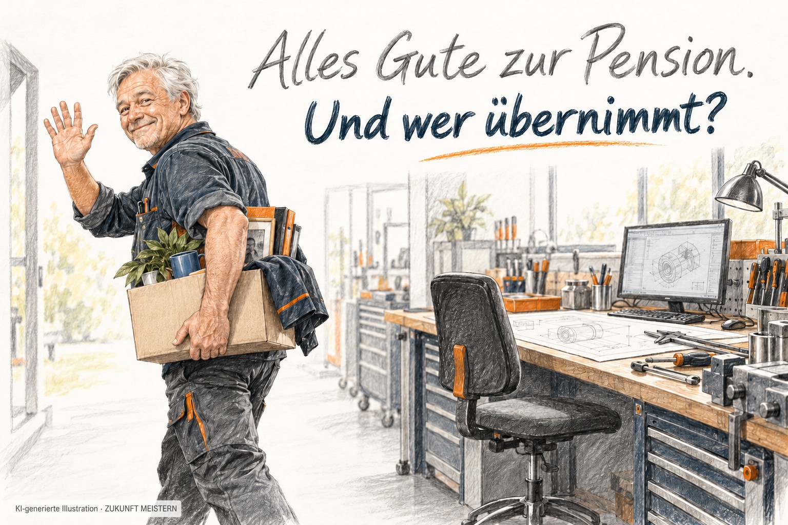 Gezeichnete Fachkraft winkt zum Abschied neben einem unbesetzten Arbeitsplatz. Aufschrift: „Alles Gute zur Pension. Und wer übernimmt?“
