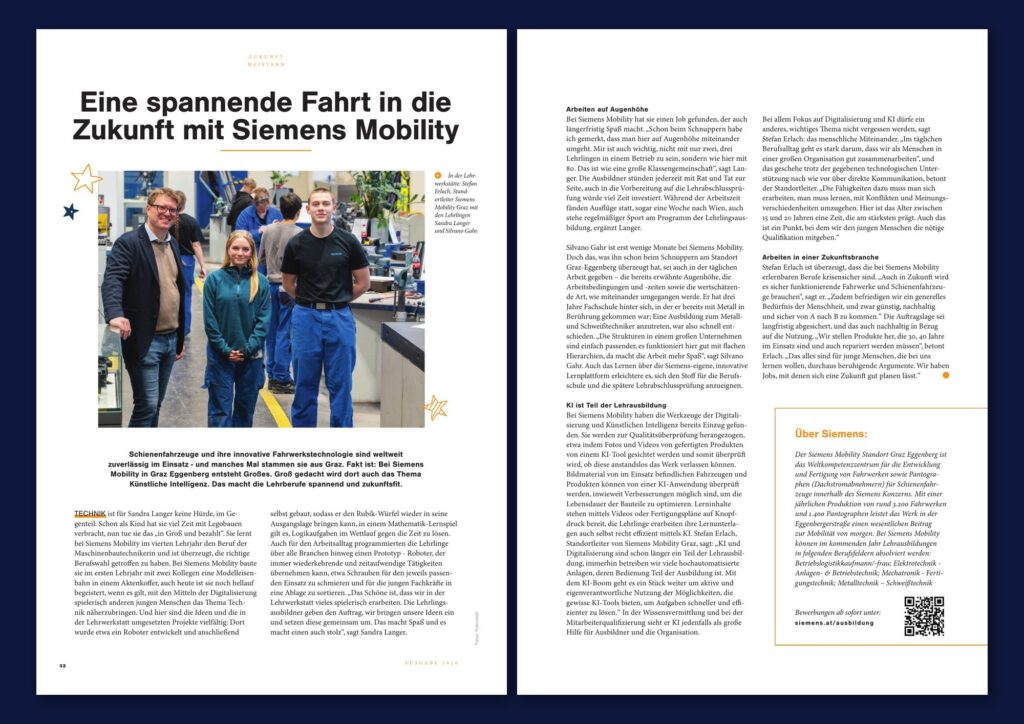 Redaktionell gestaltete Doppelseite aus ZUKUNFT MEISTERN 2026 über Lehrberufe, Digitalisierung und Ausbildung bei Siemens Mobility.