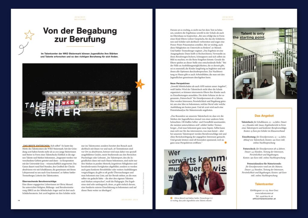 Magazinseiten von ZUKUNFT MEISTERN über den Talentcheck im Talentcenter der WKO Steiermark.